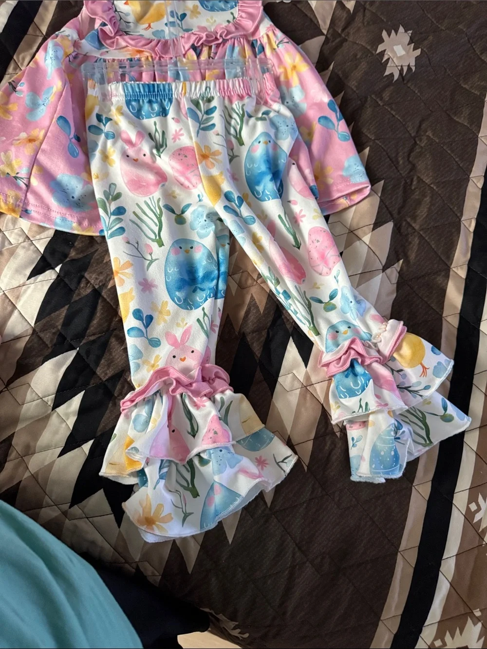 Girls Pink Pastel Bunny & Egg Print Ruffle Pants